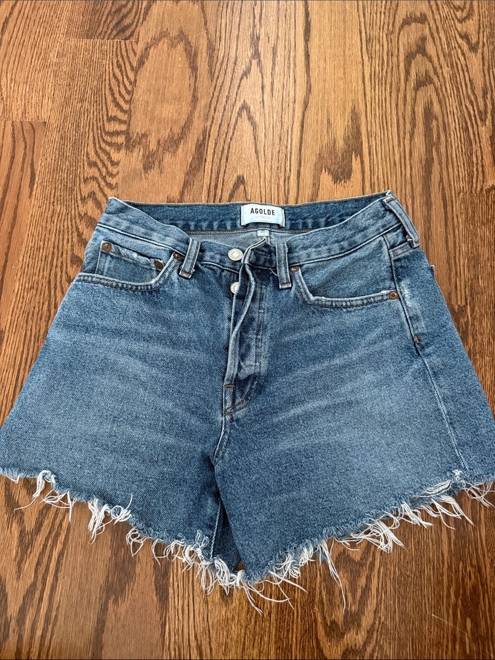 Agolde Medium Blue High-Rise Frayed Hem Denim Shorts